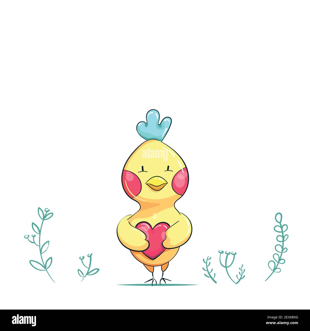 Yellow Cartoon Bird Stands Holding Red Heart Stock Vector