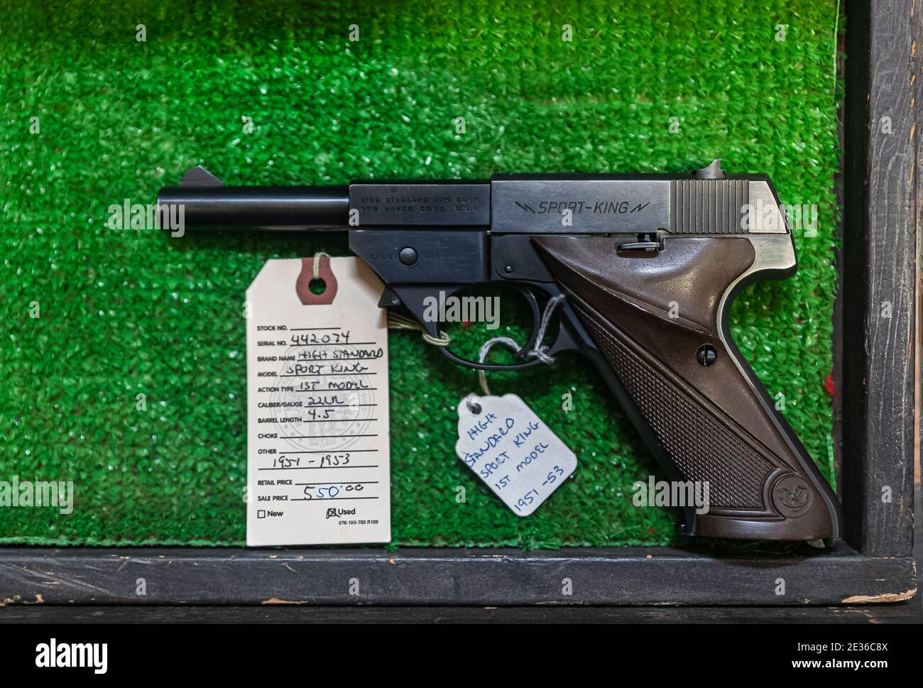 Placerville, USA - November 25, 2020: 1950's classic vintage High Standard Sport King 22 caliber long rifle pistol at a gun shop Stock Photo