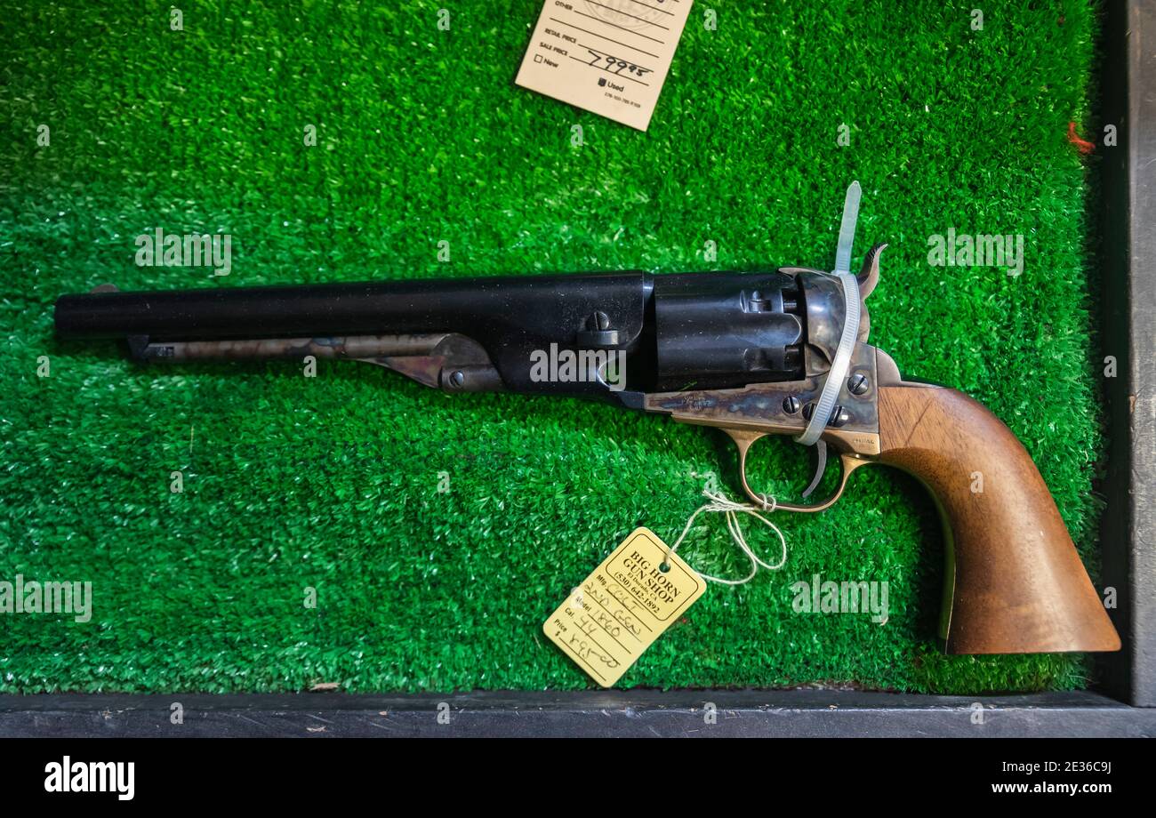 Placerville, USA - November 25, 2020: Vintage black powder cap and ball Colt 2nd generation model 1860 44 caliber revolver at a gun shop Stock Photo