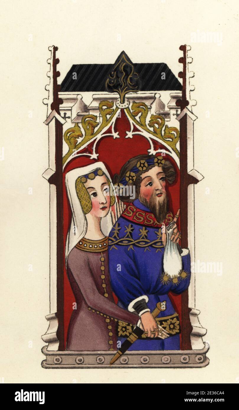 John Gyniford and his wife Margaret, holding hands. In his left hand he has a large tasseled purse of gold (their donation to St Albans Abbey). He wears a chaplet headdress, doublet embroidered at the collar and hem, six rings on his fingers (his wife has two). Benefactors to the Abbey of St Albans. From the Golden Book of St Albans, Cotton Nero MS D vii. Handcoloured engraving by Joseph Strutt from his Complete View of the Dress and Habits of the People of England, Henry Bohn, London, 1842. Stock Photo