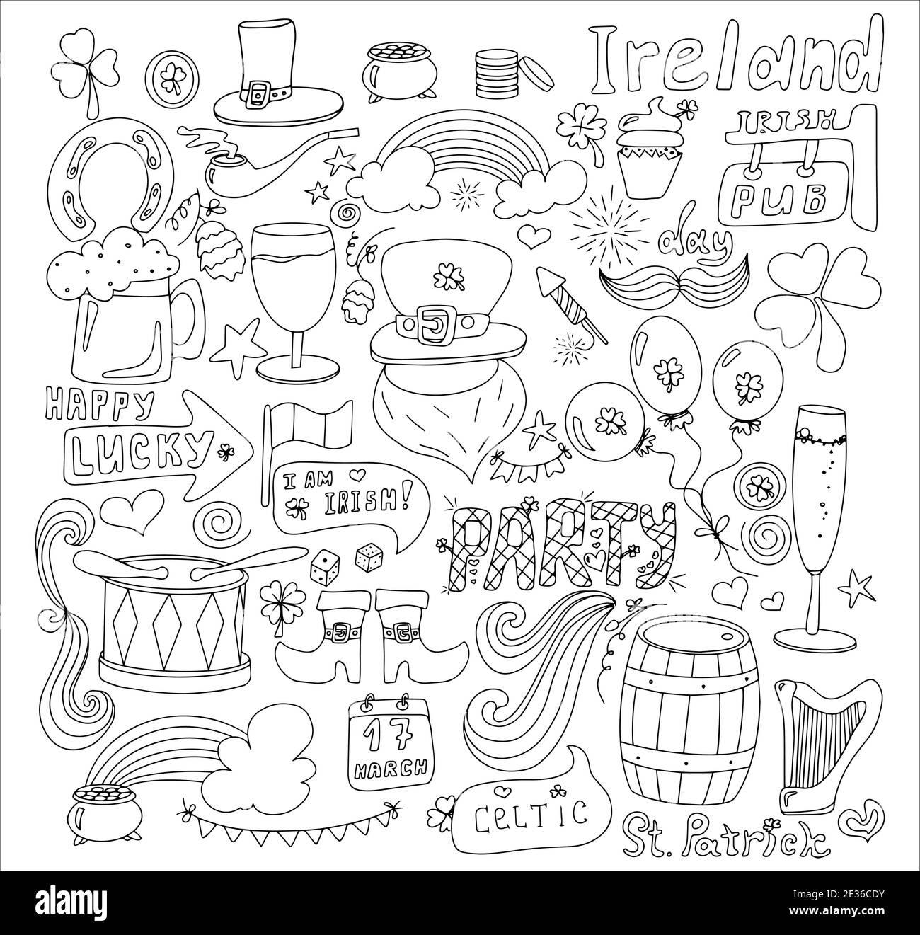St. Patrick s Day greeting card with hand-drawn pictures. A doodle of beer, a rainbow, a leprechaun s beard, coins, a bowler hat, a clover, a top hat, an Irish flag and a beer mug. Template for a postcard, invitation, advertisement or banner for the Irish holiday of March 17. Vector illustration. Stock Vector