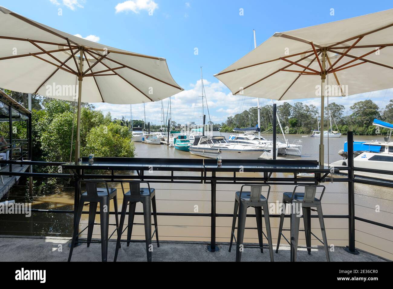 Terrace of the Mary River Marina Restaurant in Wharf Street, Maryborough Heritage Precinct, Queensland, QLD, Australia Stock Photo