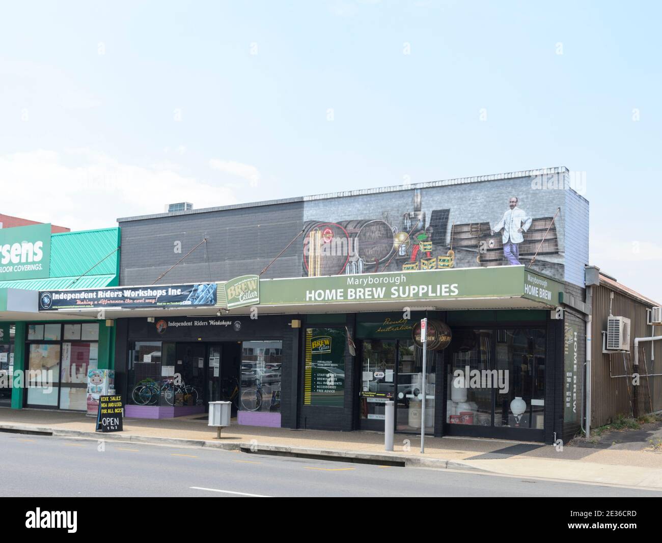 Home Brew Supplies shop with mural in town centre, Maryborough