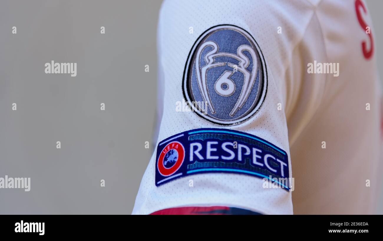 Bangkok,Thailand - 19 Decemmber, 2020: UEFA Champions League Winners Badge on white shirt kit Stock Photo