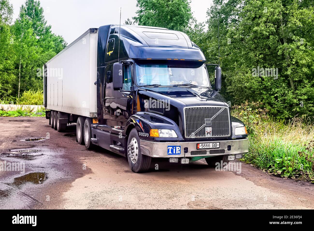 Novgorod, Russia - August 10, 2013: Volvo heavy truck vehicle parked up at the parking lot Stock Photo