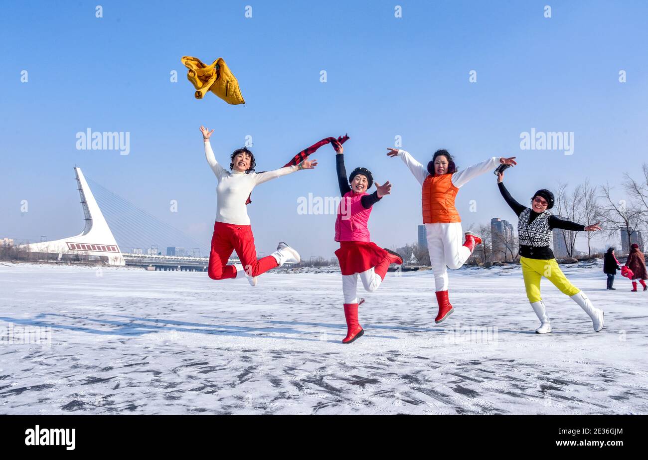 Colorful silk dance enthusiasts exercise outdoors in Changchun city, northeast China's Jilin Province, 12 January 2021. The national movement of color Stock Photo