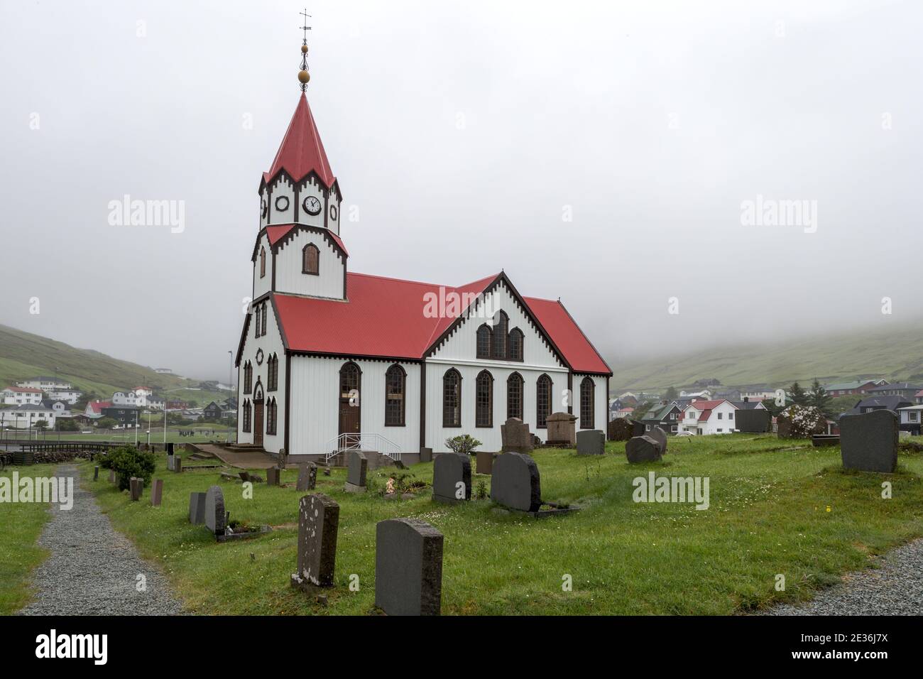 Church with cemetery, Sandavagur, Vagar island, Faroe Islands Stock Photo