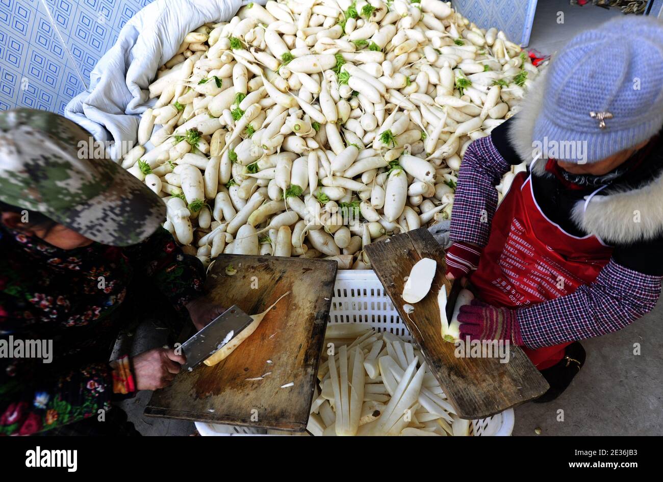 Local farmers collect white radishes and dry them in Guangyi Village, Shimen Township, Yunyang County, Chongqing, China, 14 January 2021.    Dried rad Stock Photo