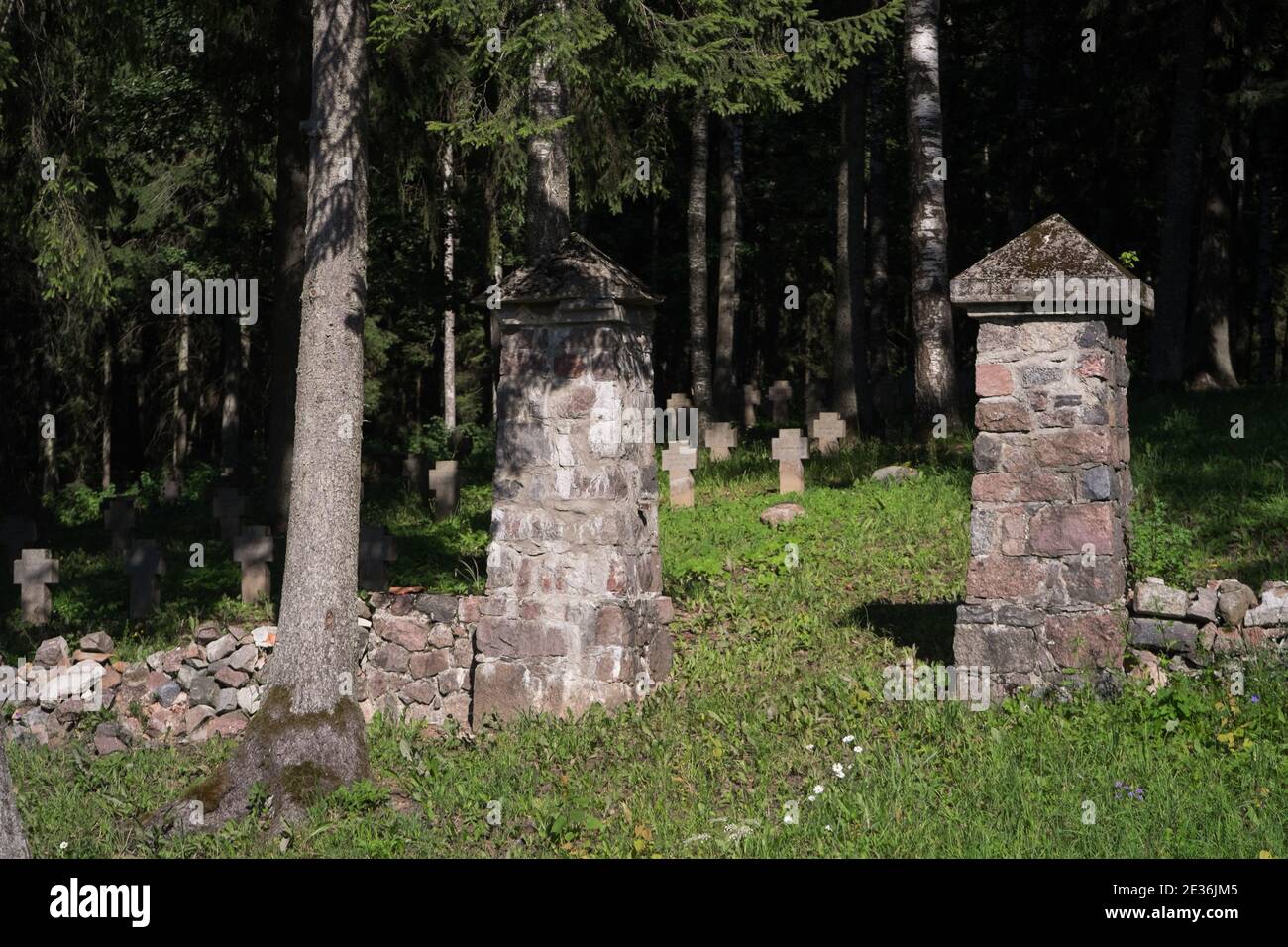 Old german russian soldier military cemetary near Auce Latvia with stone crosses Stock Photo