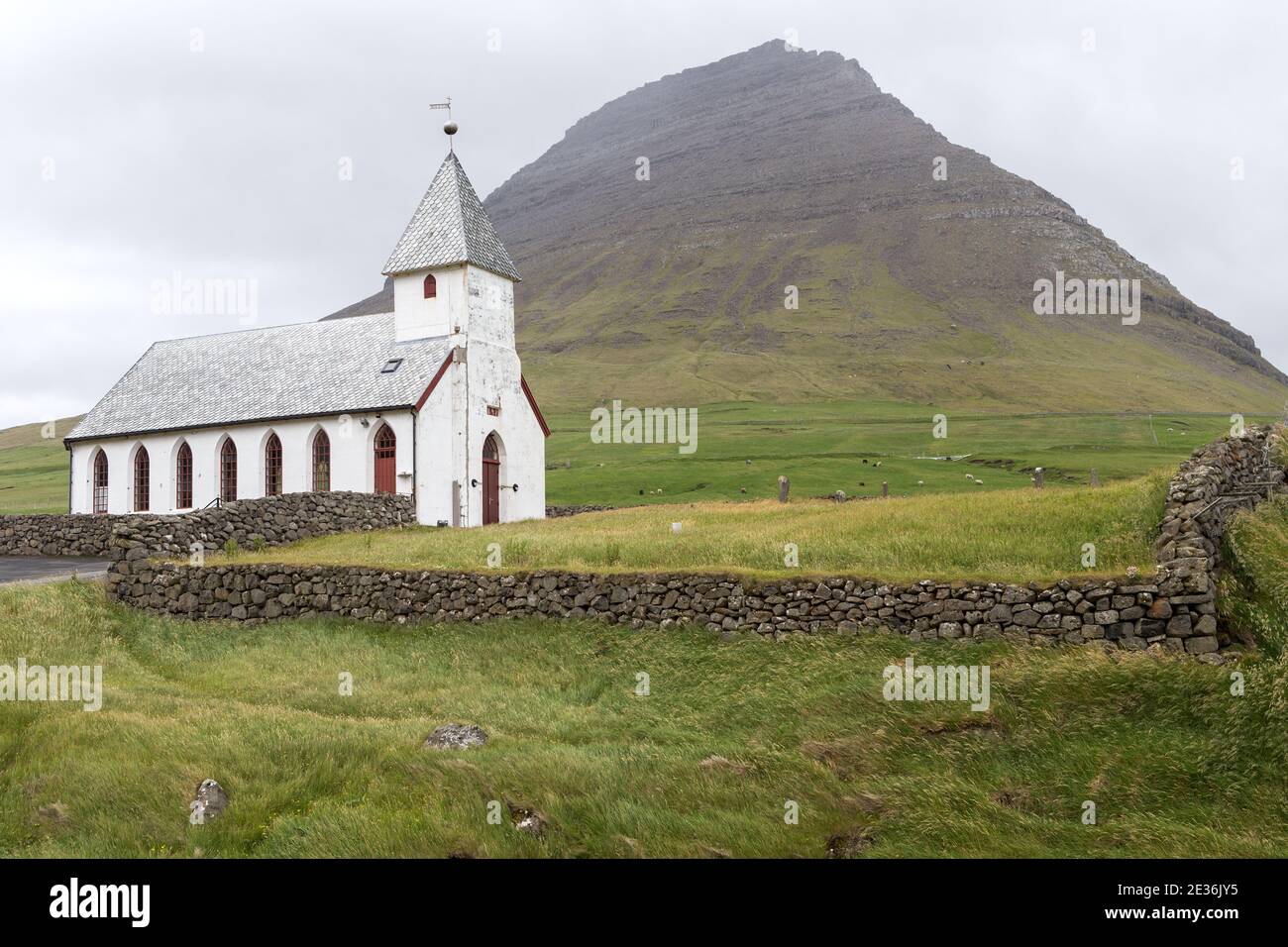 Village Church, Vidareidi village, Vidoy Island, Faore Islands Stock Photo