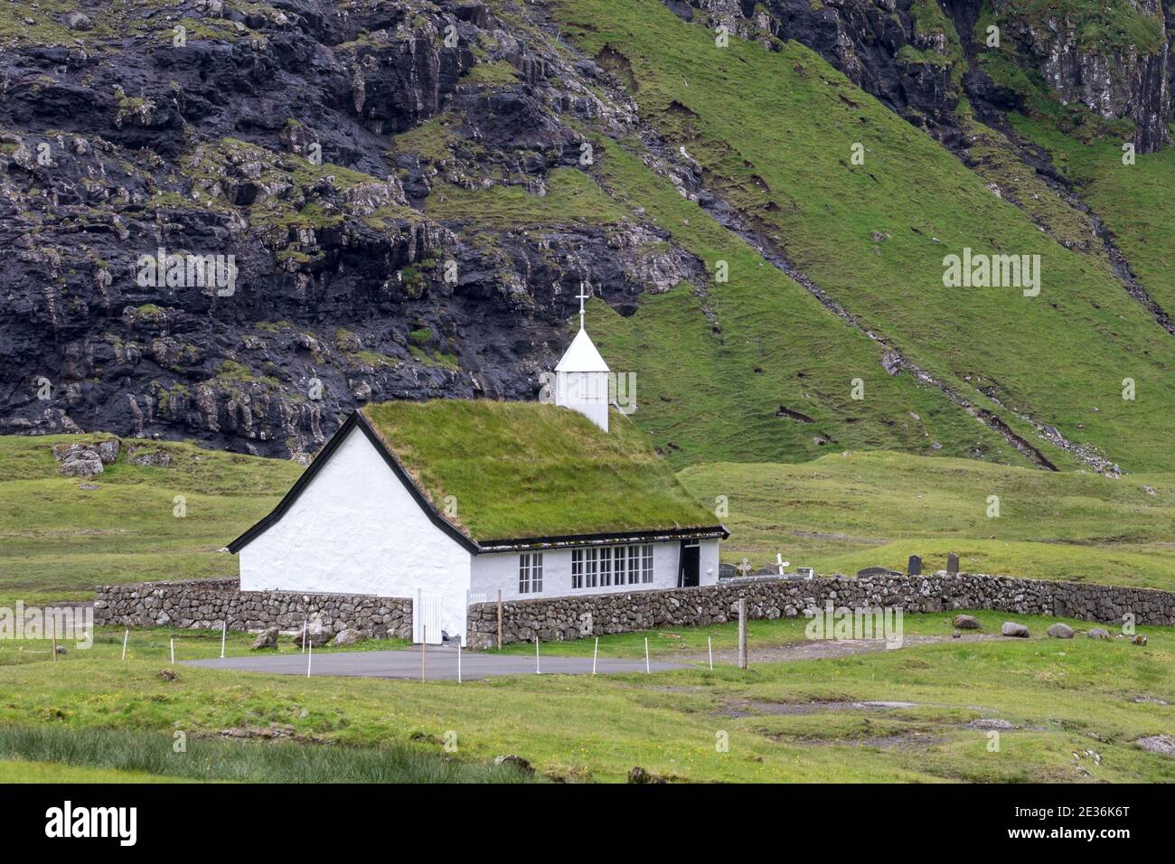Church, Saksun village, Eysturoy Island, Faroe Islands Stock Photo