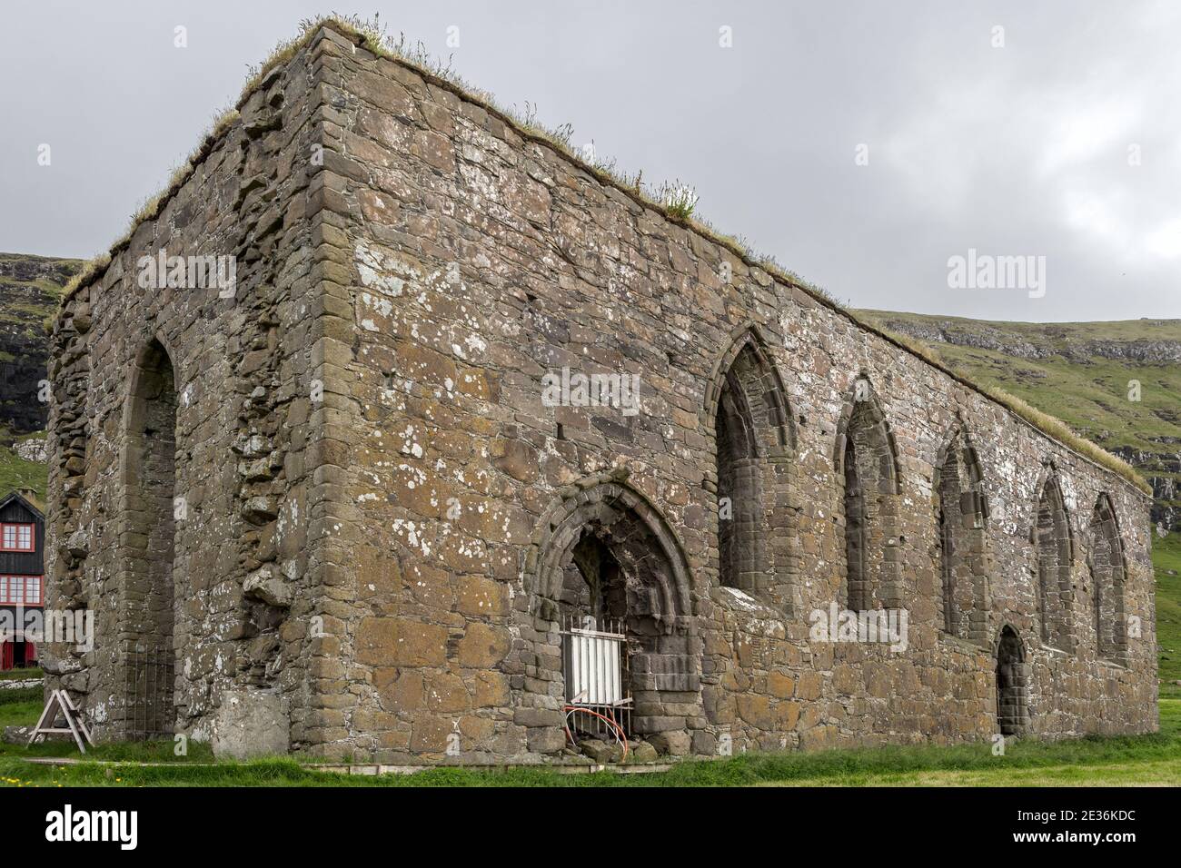 Ruins of the St. Magnus Cathedral, Kirkjubour village, Streymoy Island, Faroe Islands Stock Photo