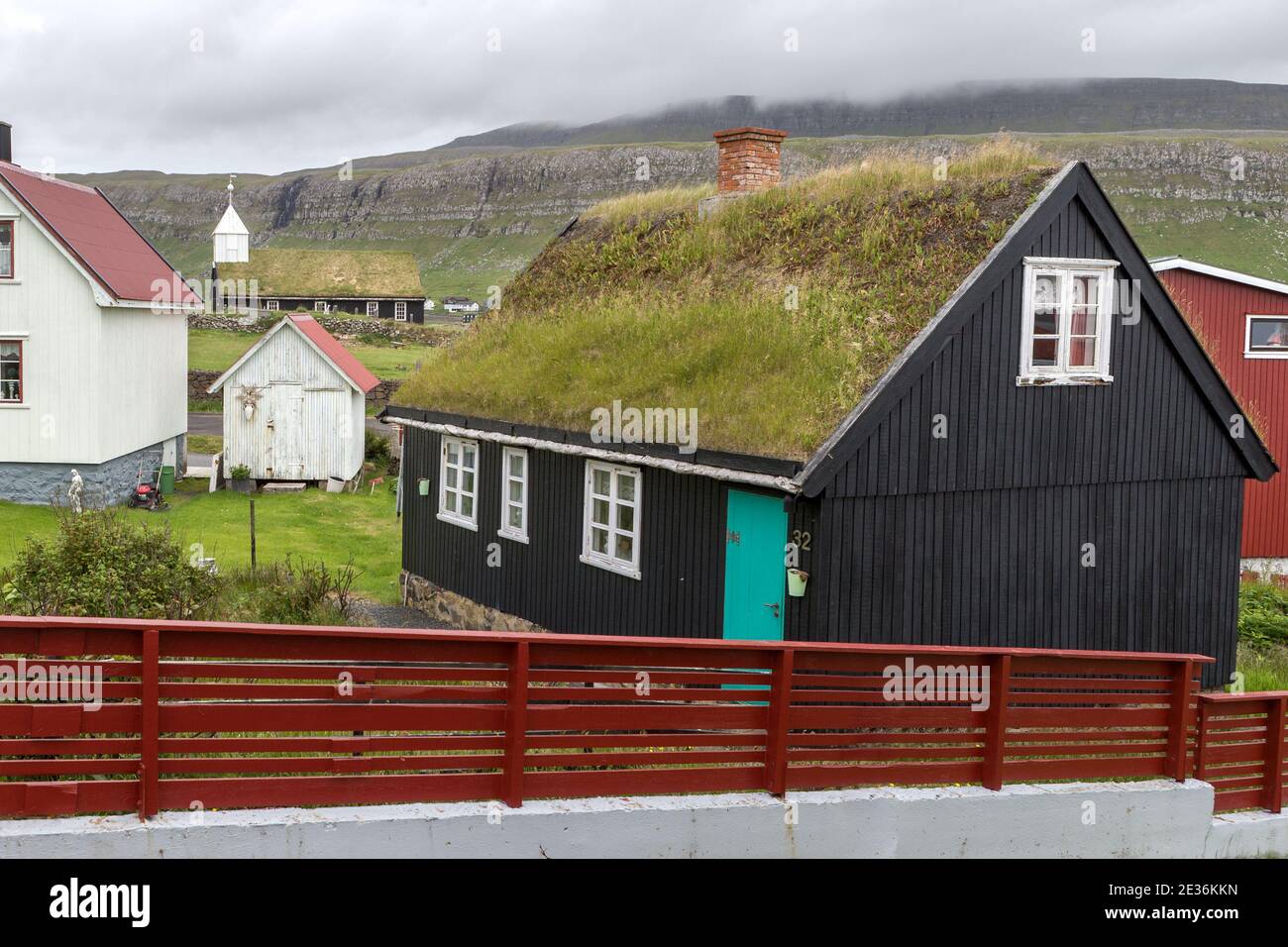 Sandur village and church, Sandoy Island, Faroes Islands Stock Photo