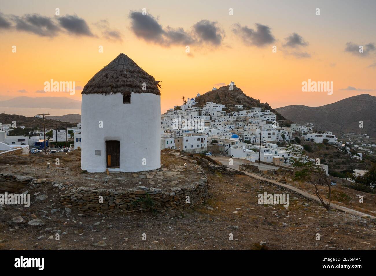 The traditional Greek windmill of Ios Island in beautiful Cycladic town of Chora. Greece Stock Photo
