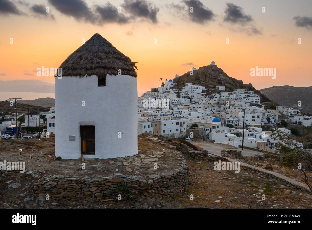 The traditional Greek windmill of Ios Island in beautiful Cycladic town of Chora. Greece Stock Photo