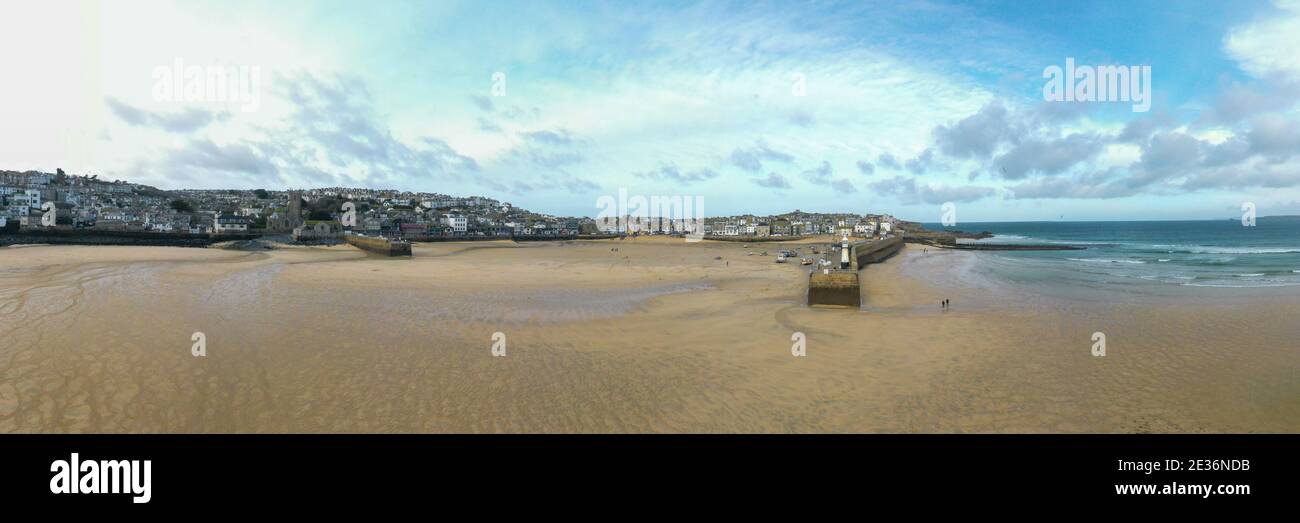 Panoramic of St Ives Harbour at low tide Stock Photo