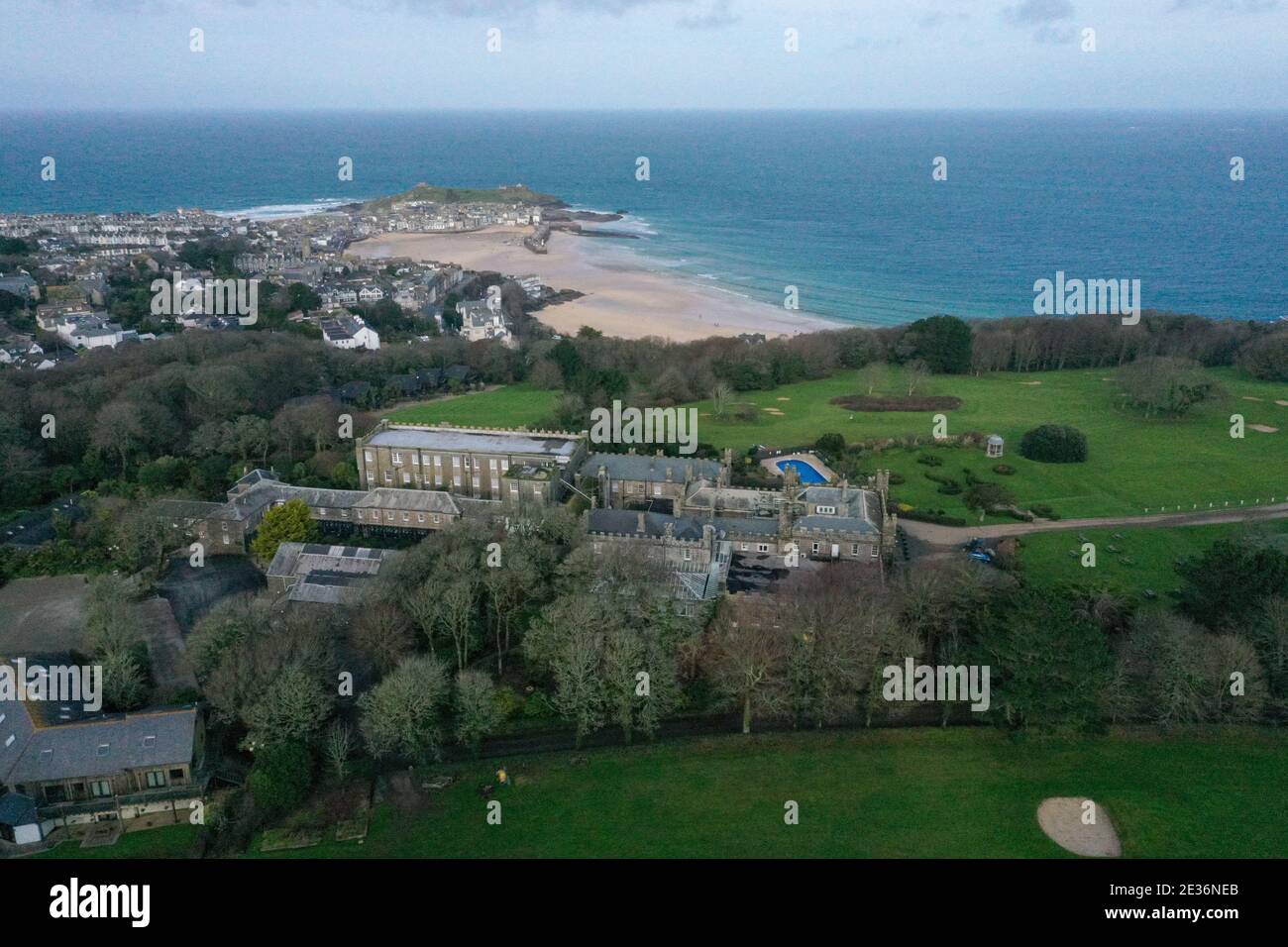 Tregenna Castle from the air with St Ives in the Background Stock Photo