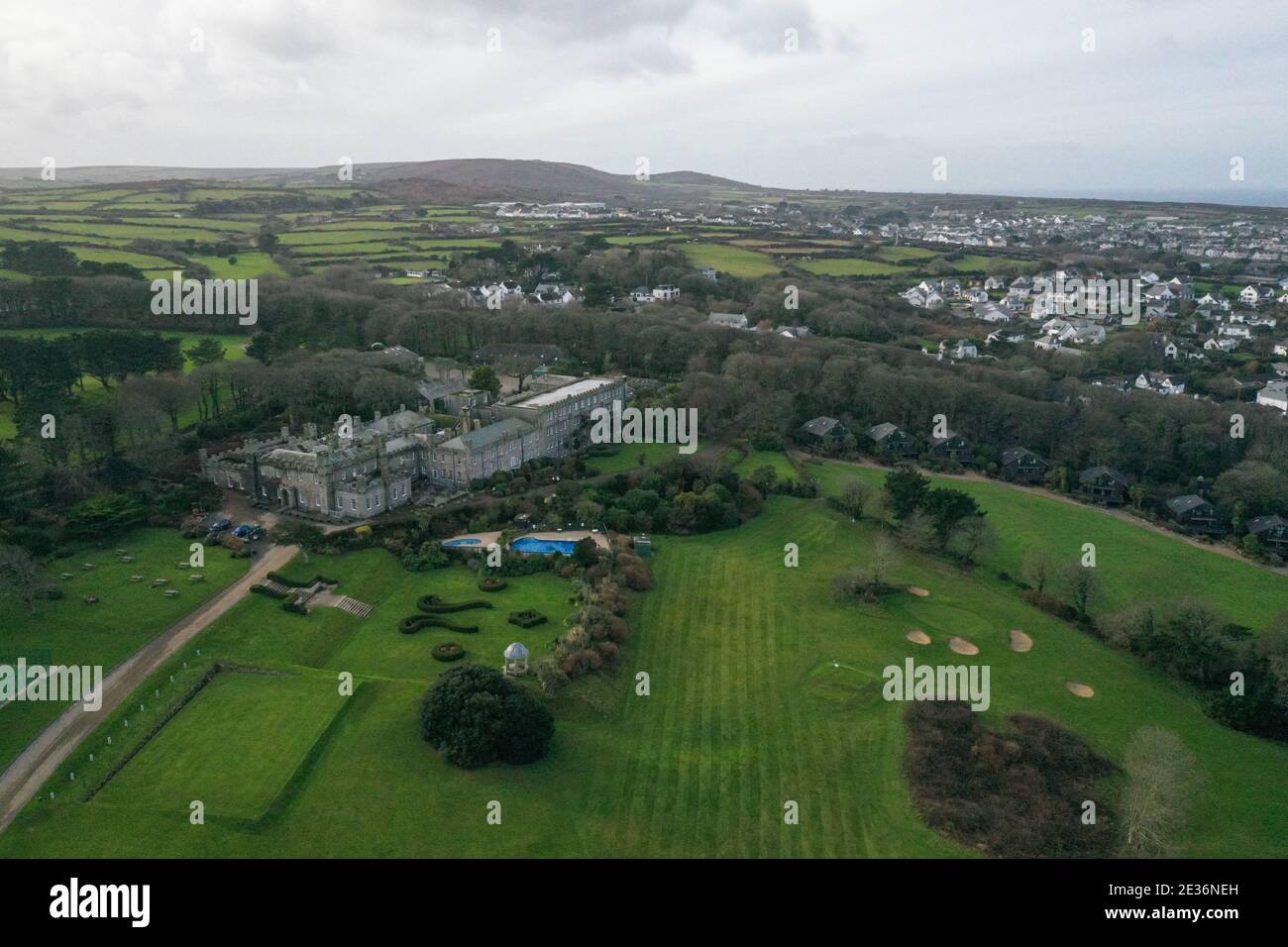 Tregenna Castle and its grounds from the air Stock Photo