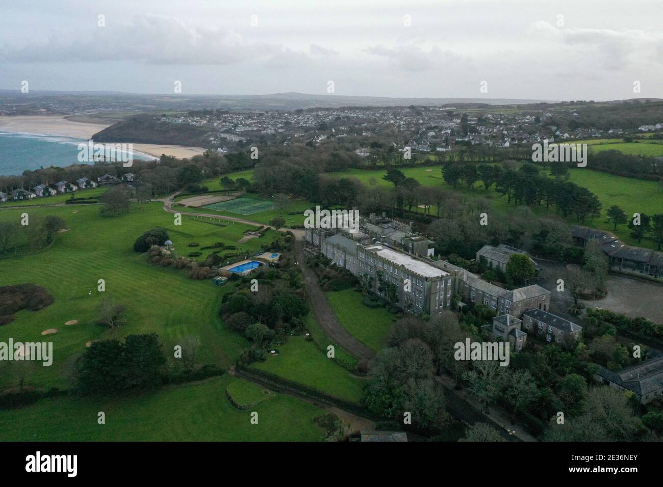 Aerial image of Tregenna Castle with Carbis Bay in the Background Stock Photo