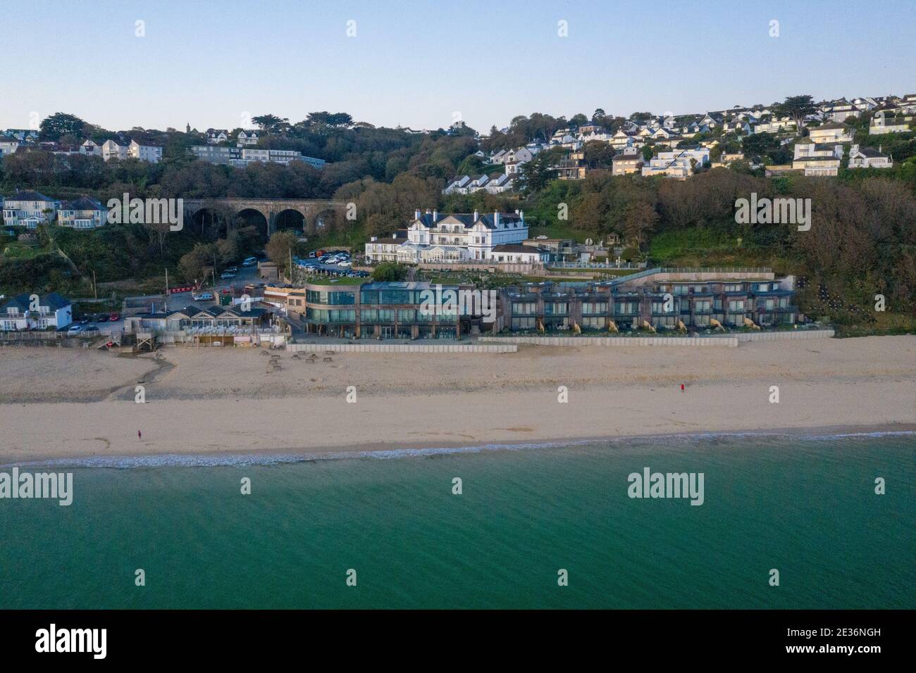 Carbis Bay Hotel from out to see looking back at the hotel and beach Stock Photo