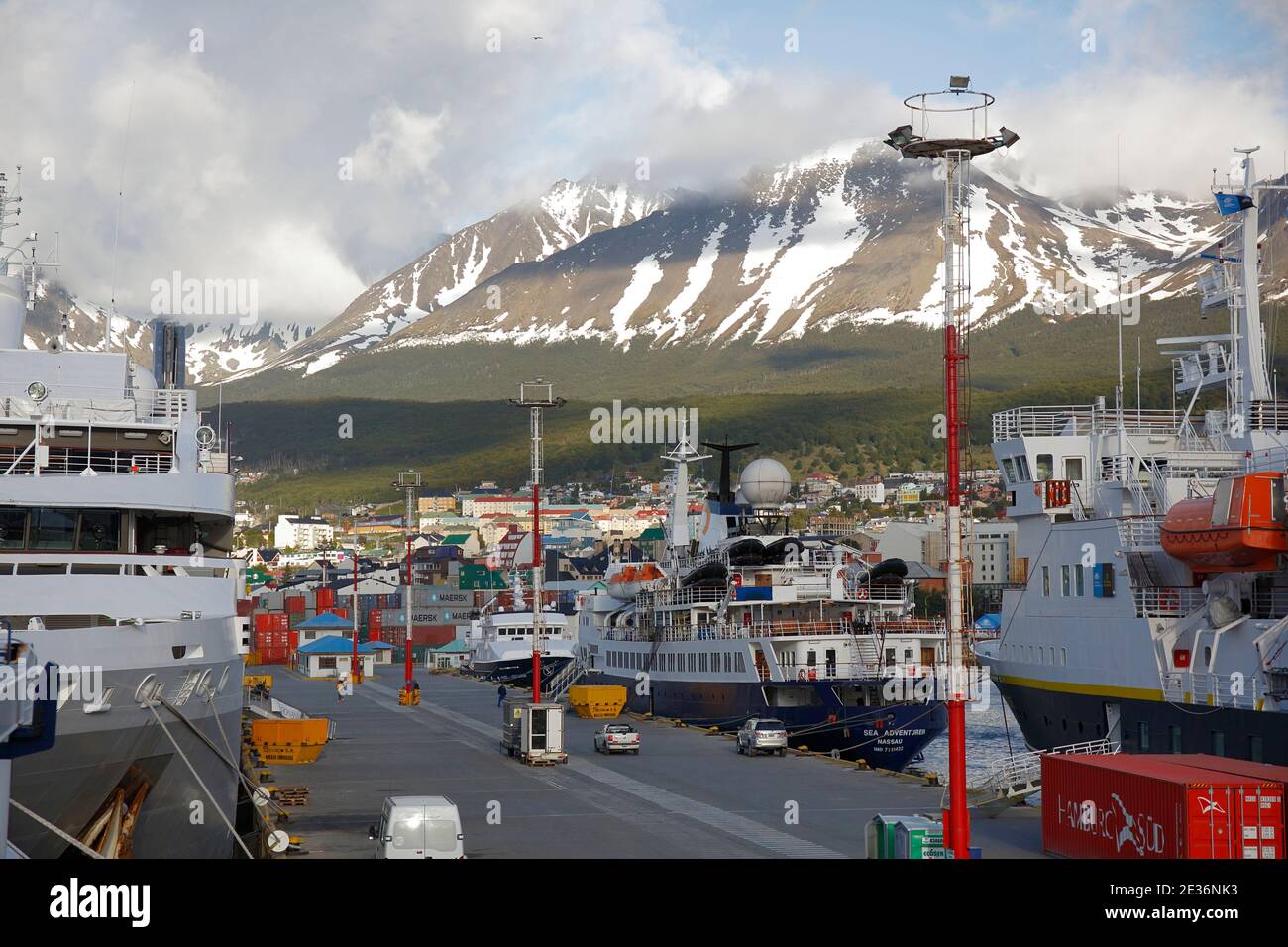 Ushuaia Port, Cruise Boat Terminal, Beagle Channel, Ushuaia Town and Martial Range in background, morning view, south Argentina 19th Dec 2015 Stock Photo