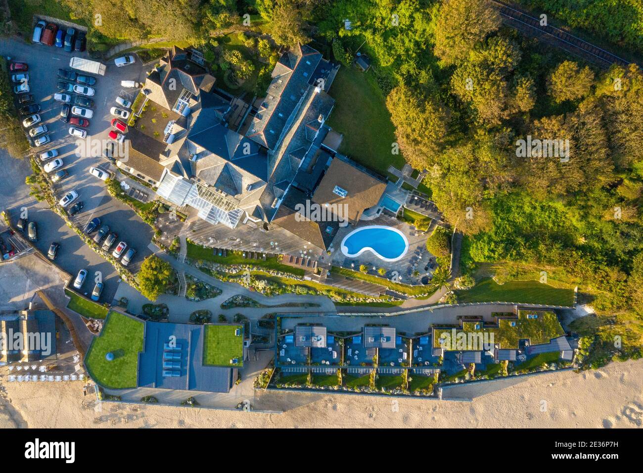 Aerial shot above the Carbis Bay Hotel looking down Stock Photo