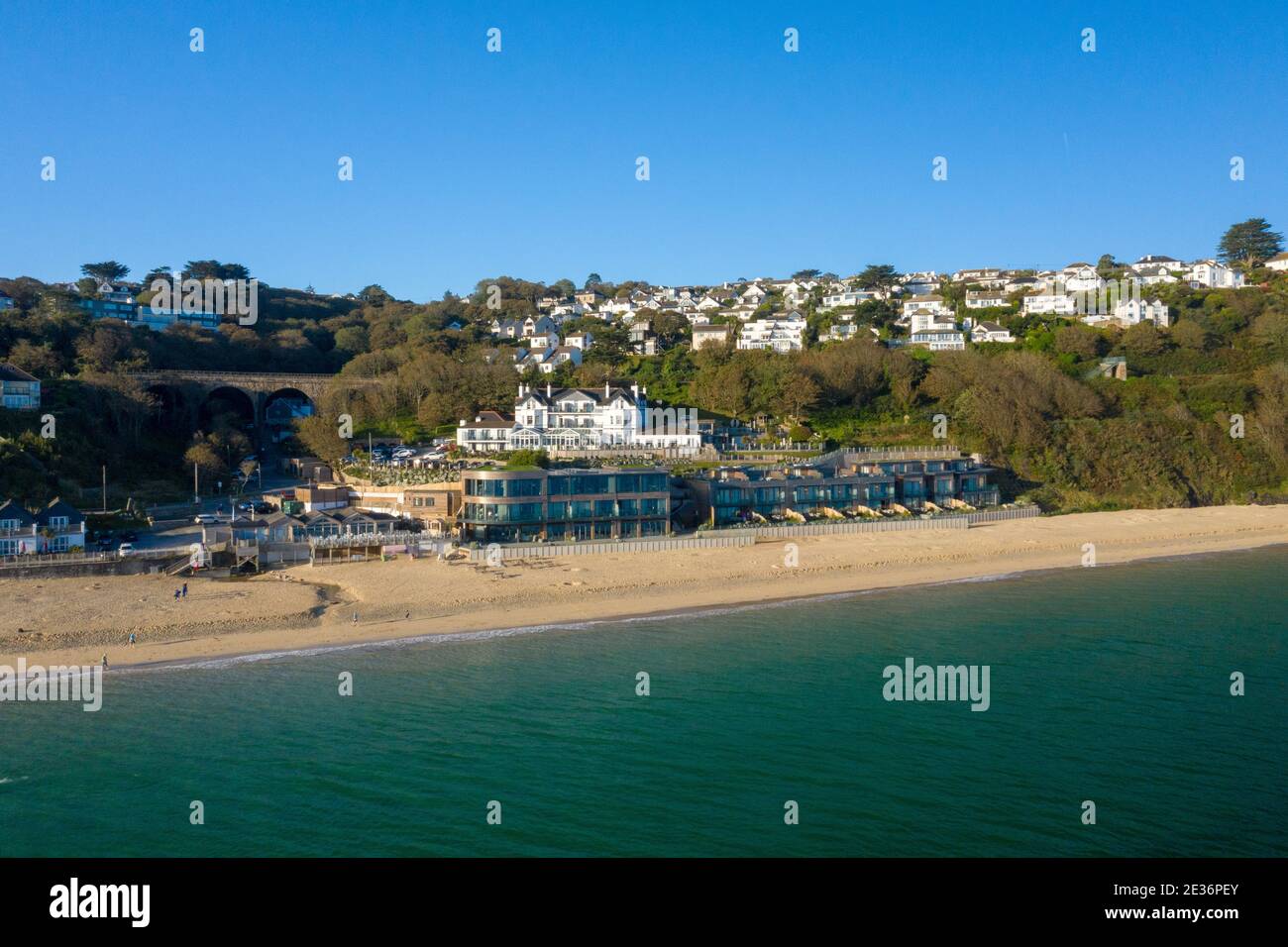 Angled aerial image of the Carbis Bay Hotel Stock Photo