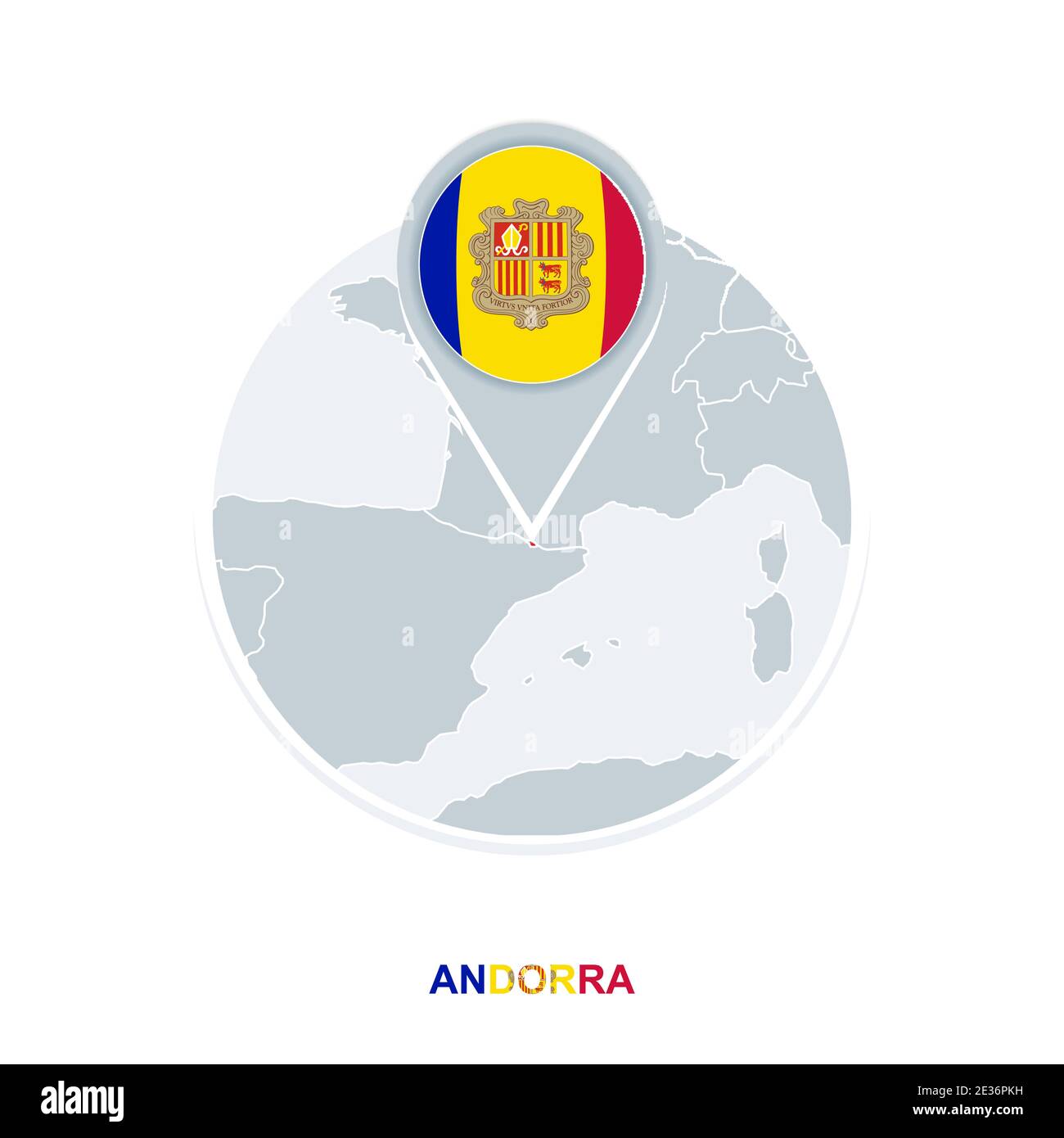 Andorra map and flag, vector map icon with highlighted Andorra Stock Vector