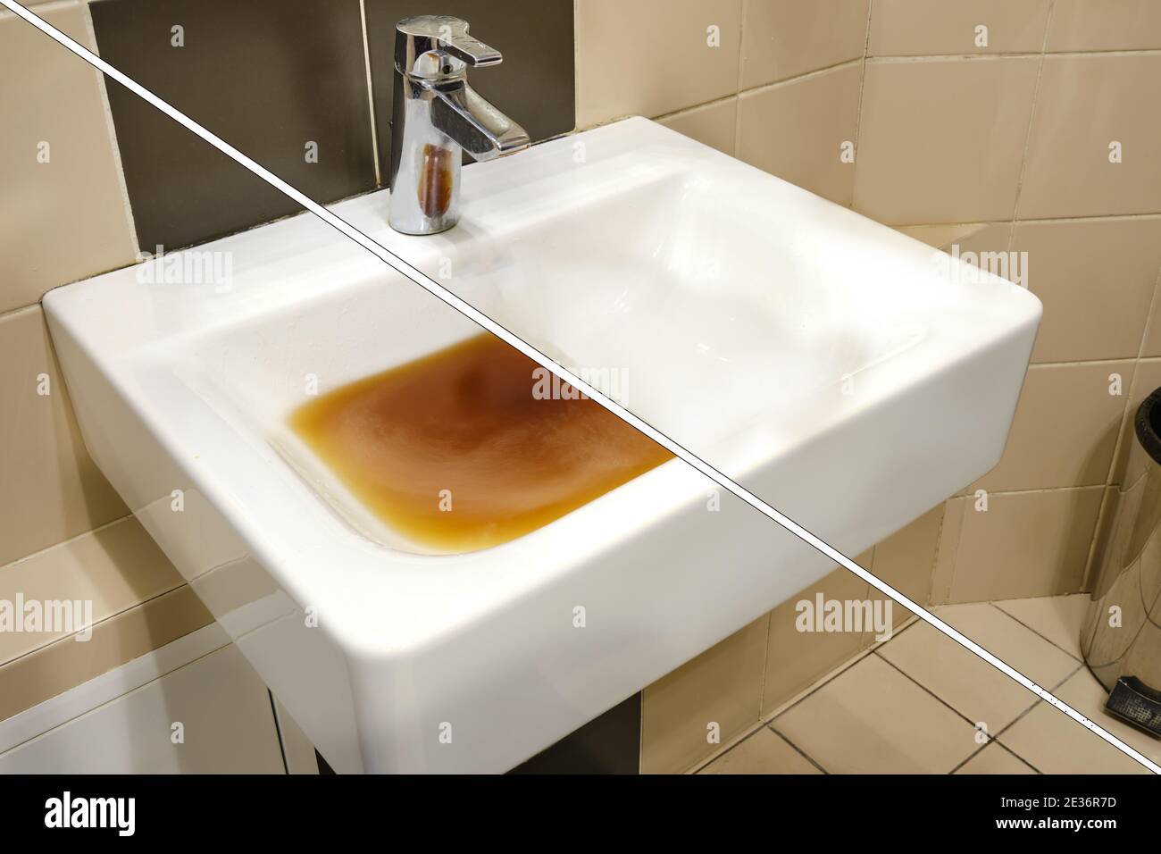 Dirty sink before and after clearing the blockage. Clog problems in the