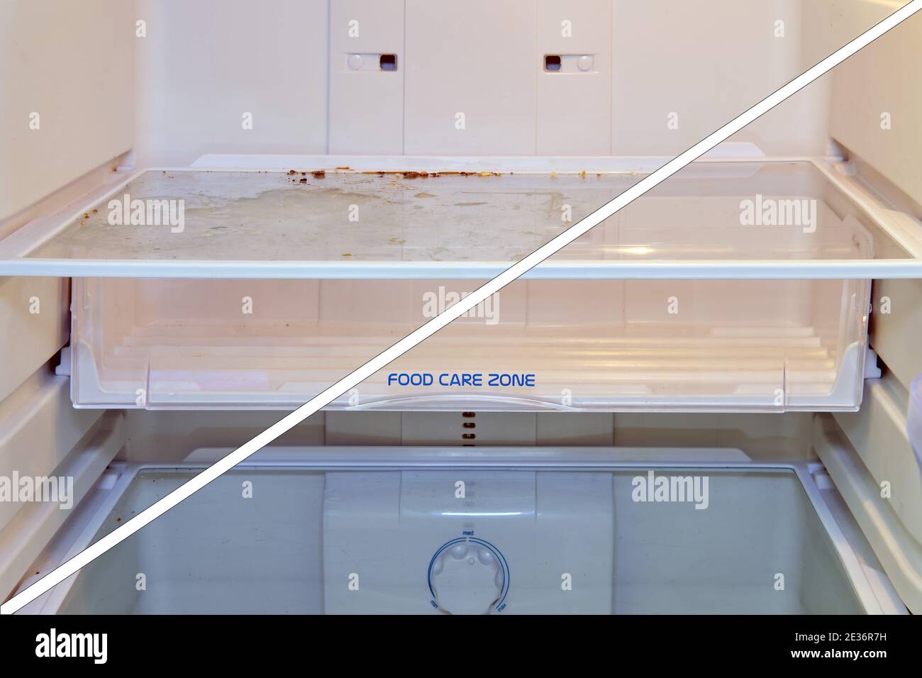 Dirty refrigerator in the kitchen before and after washing. Clean