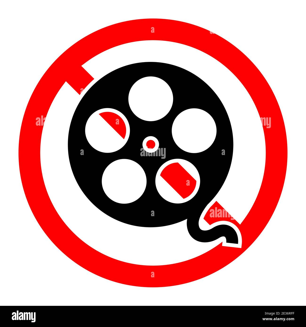 Movie viewing is forbidden. Movie ban icon. Cinema is prohibited. Stop or ban red round sign with movie icon. Vector illustration. Stock Vector