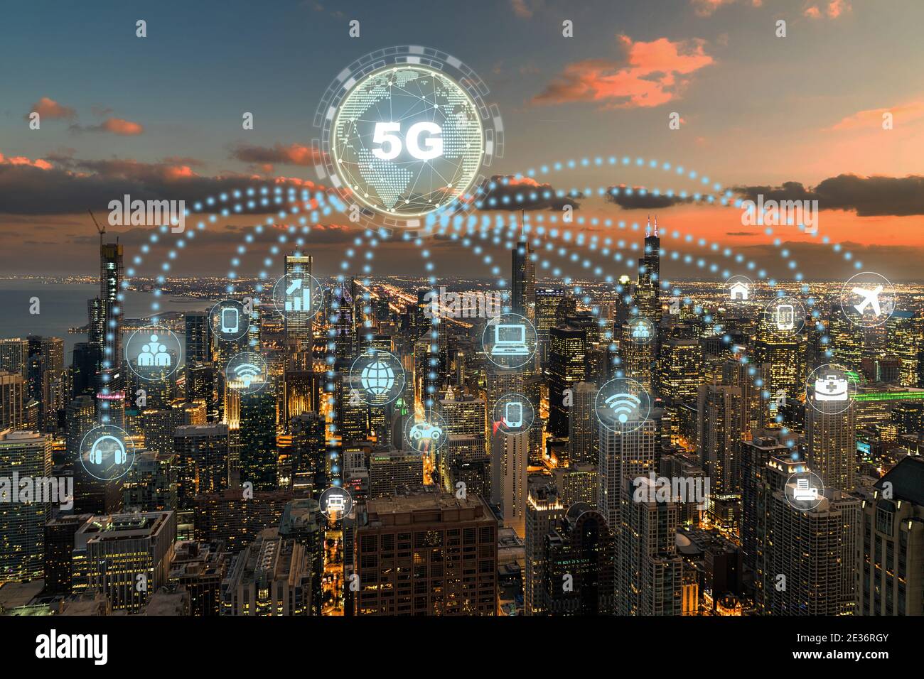 5G technology and computer network with internet of thing icon over Top ...