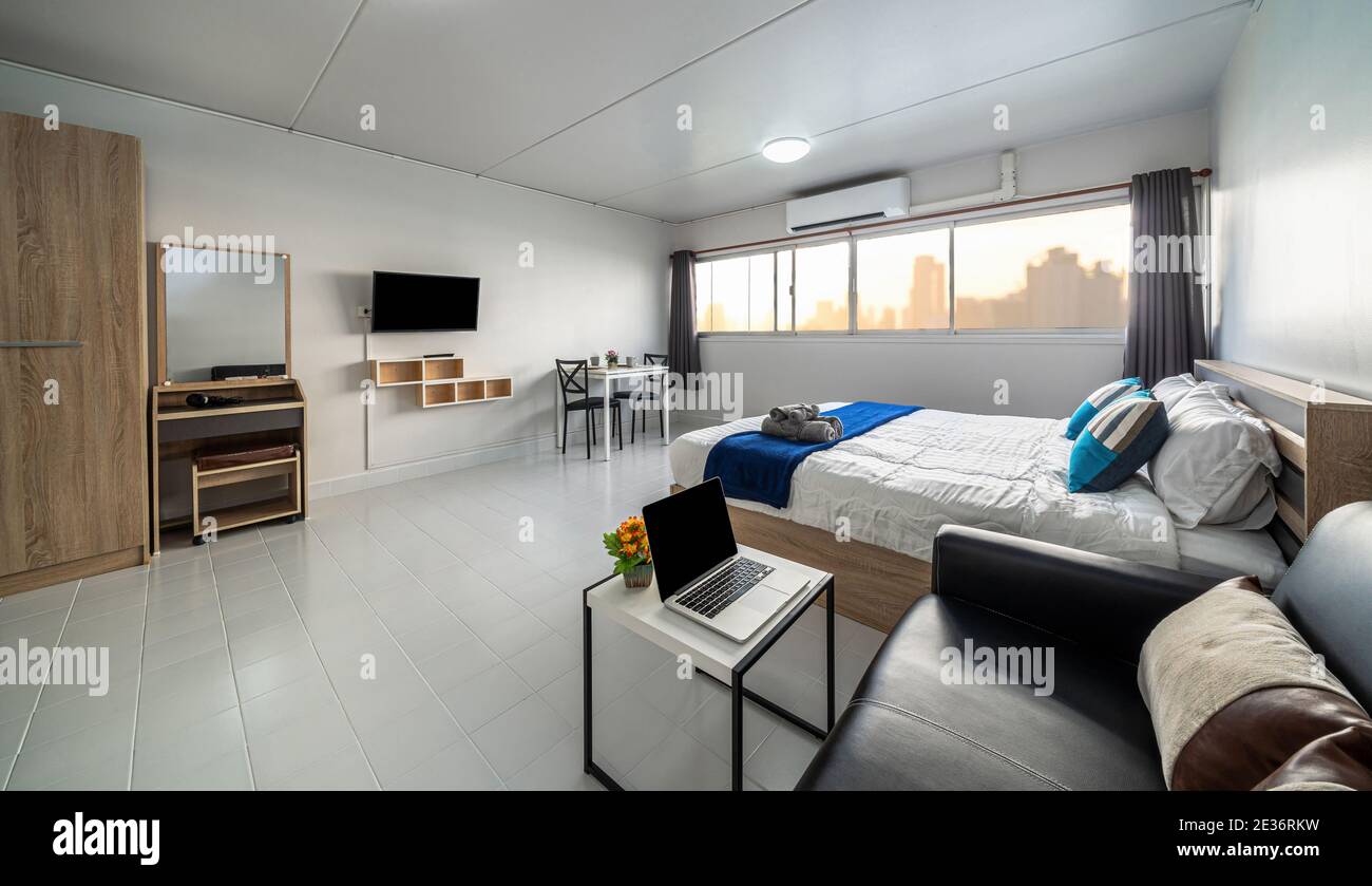 Luxury Interior living room with sofa bed and bed queen size, Dining