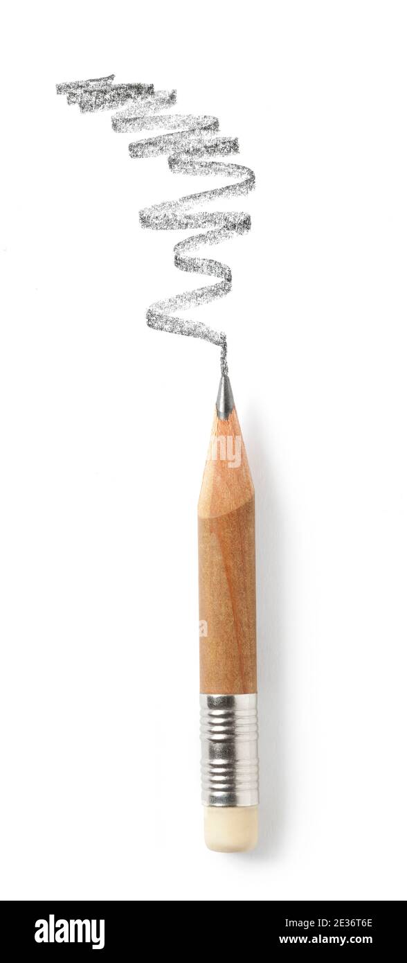 Short and worn aout pencil with a crayon trace against white background. Stock Photo