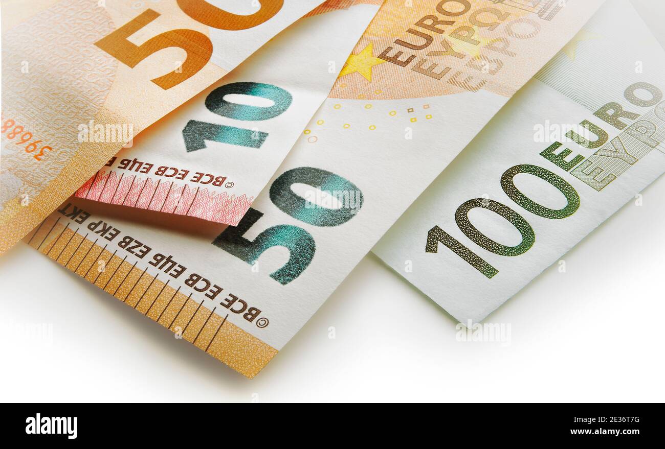 Closeup view of different euro bill values against white background with soft shadow Stock Photo