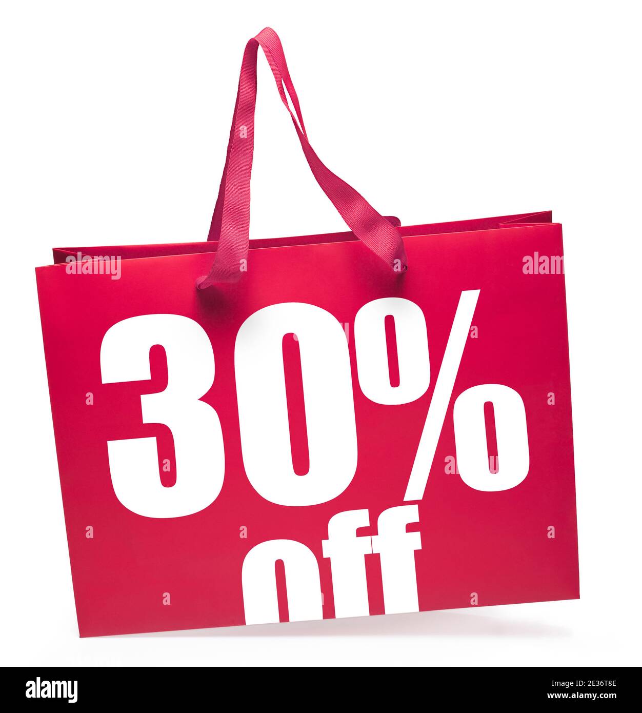 Red shopping bag with 30% off sale message and handles.Clipping path Stock Photo