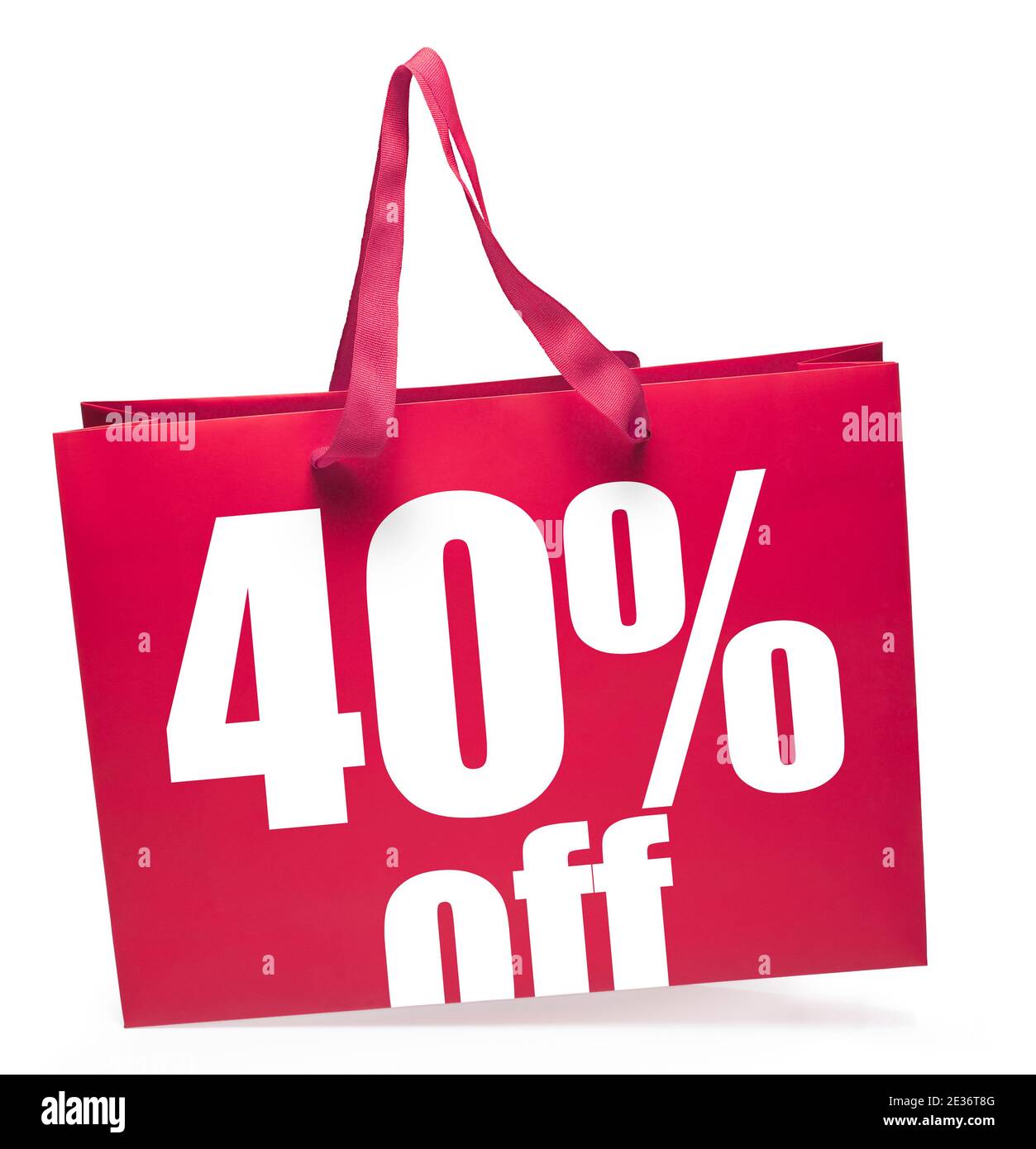 Red shopping bag with 40% off sale message and handles.Clipping path Stock Photo