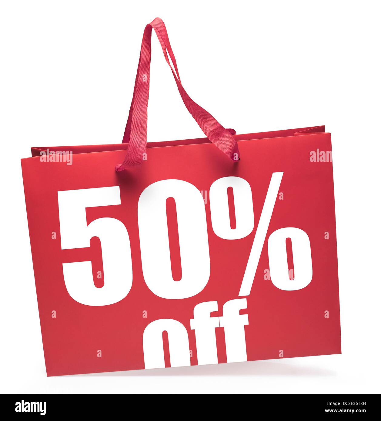 Red shopping bag with 50% off sale message and handles.Clipping path Stock Photo