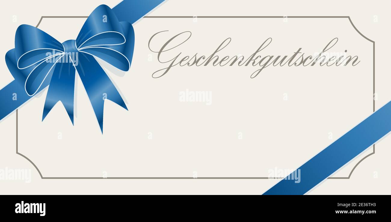 EPS 10 vector illustration of gift voucher (text in german) with blue colored satin band and ribbon bow and free space for text Stock Vector