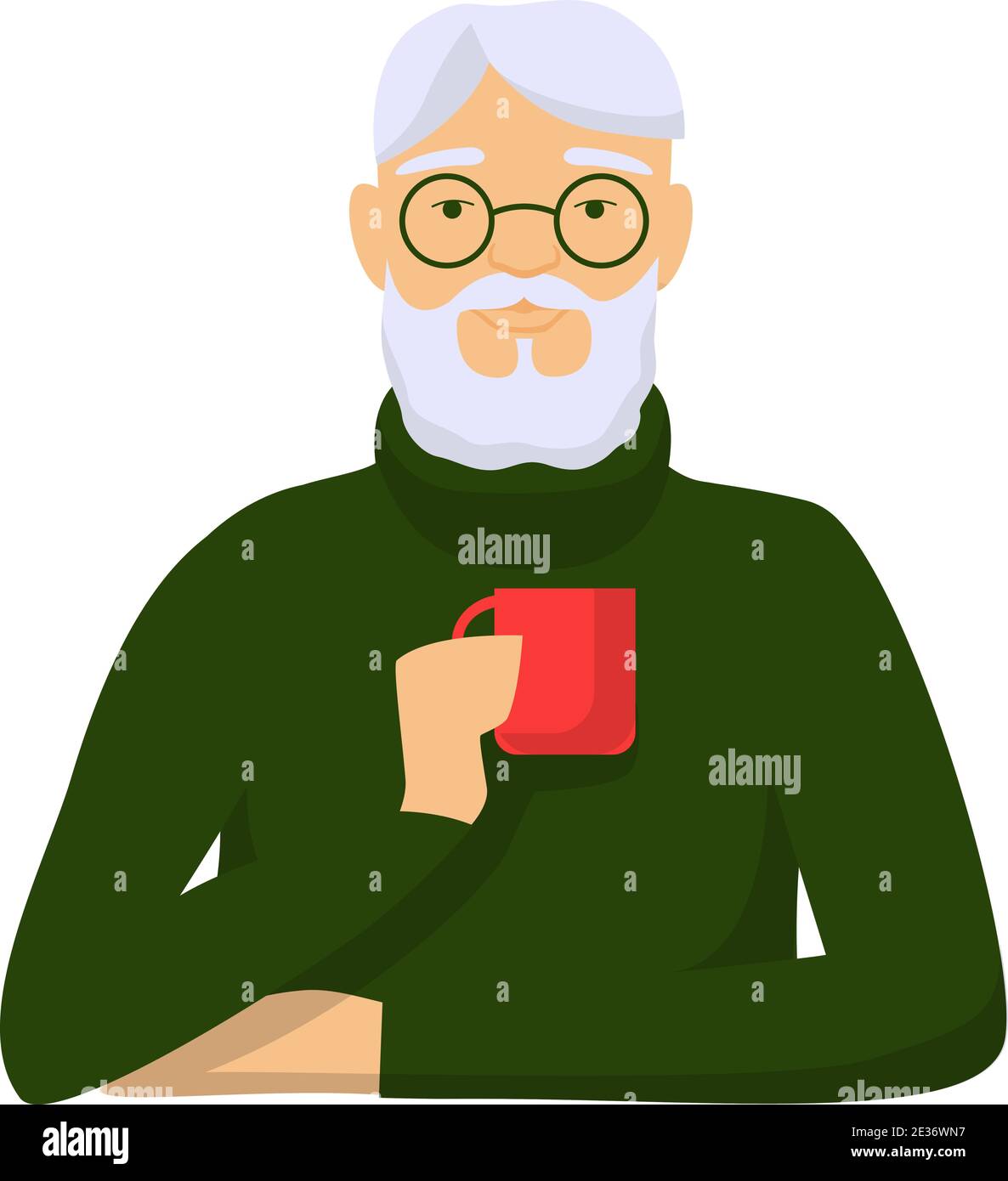 Elderly man is drinking coffee. Gray haired male character green sweater with red cup in hand. Stock Vector