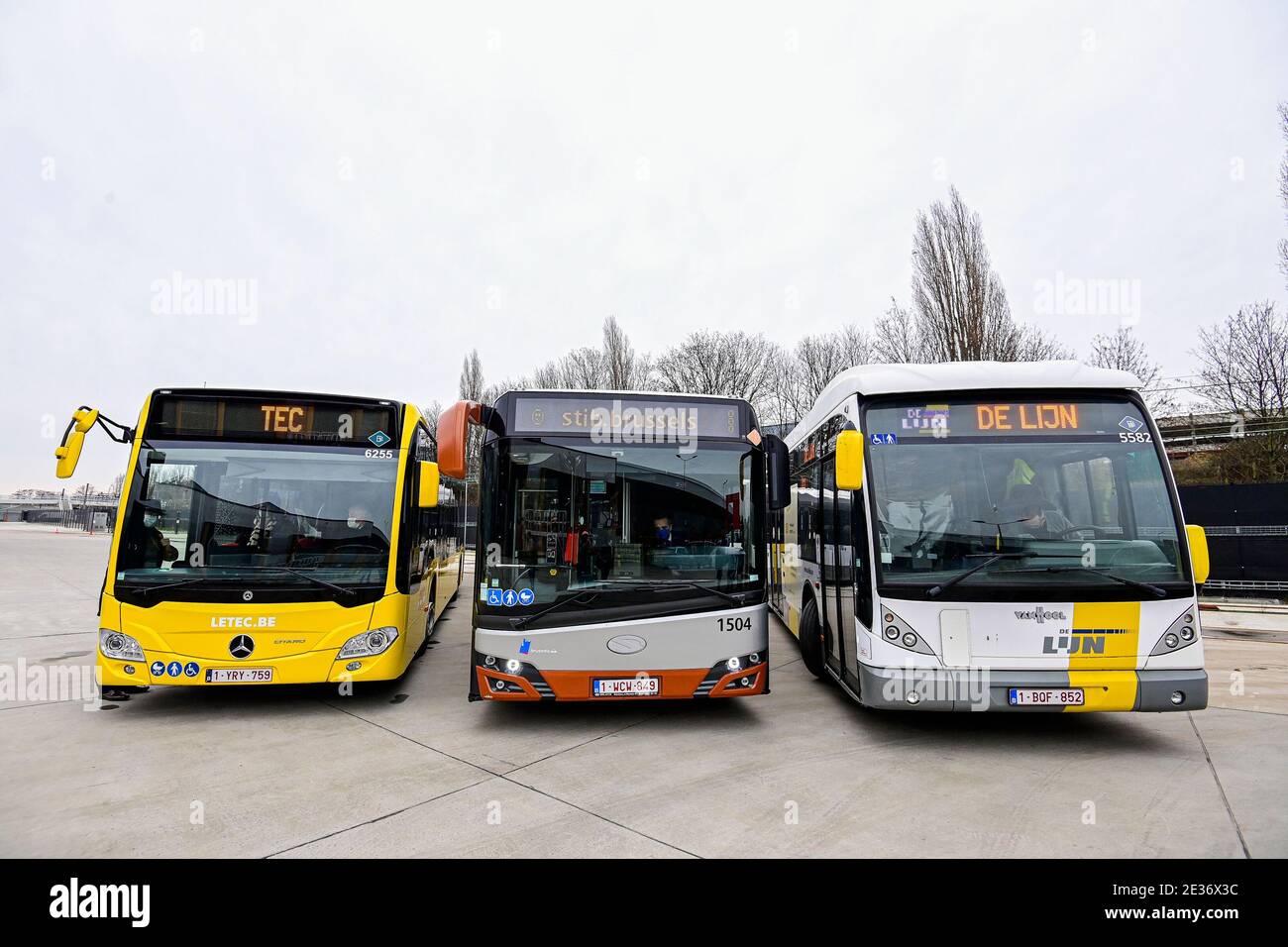 Illustration picture shows busses of TEC, MIVB/ STIB and De Lijn during a meeting of the ministers of mobility of the federal government, Br Stock Photo - Alamy