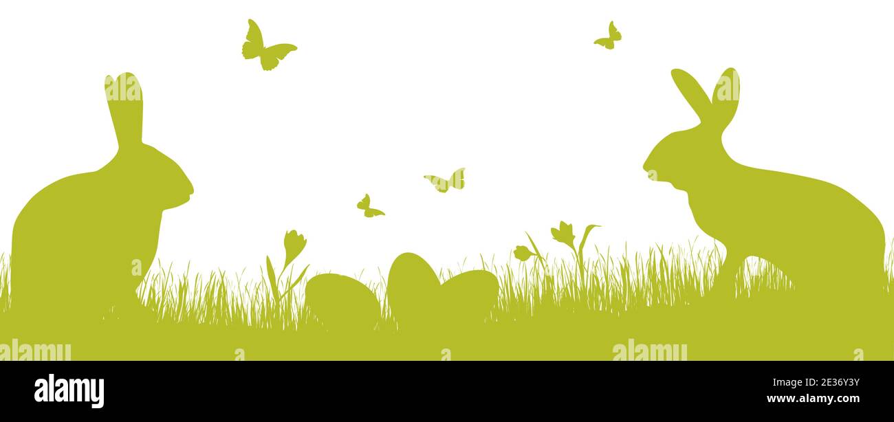 vector panorama illustration for easter time, happy background with green silhouette of a rabbits with eggs , grass, flowers. Spring time backdrop for Stock Vector
