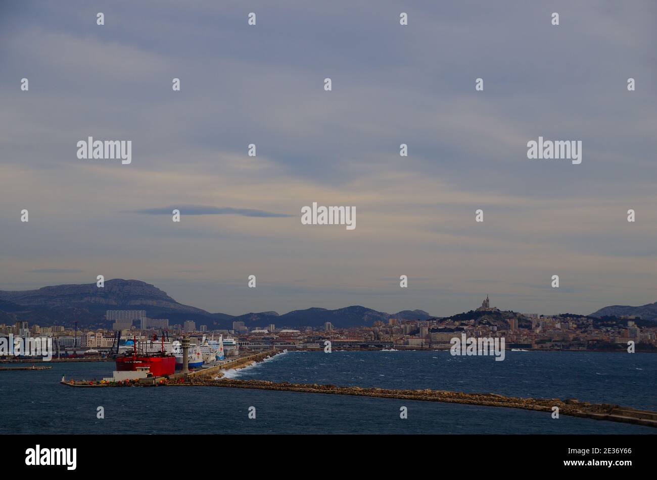 Marseille port exit ships with many and long jetty Stock Photo