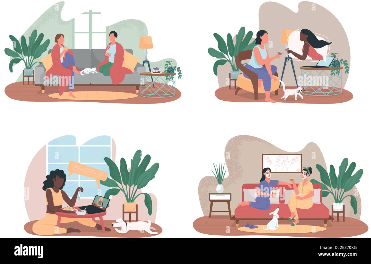 Friends relax at home together 2D vector web banner, poster set Stock ...