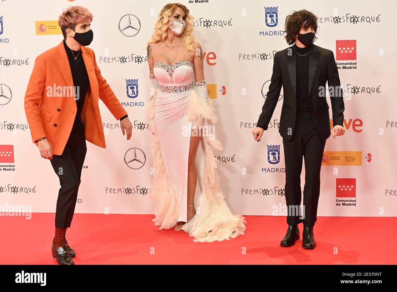 Madrid, Spain. 16th Jan, 2021. From left to rigth: Javier Calvo, Daniela Ortiz and Javier Ambrosi at photocall for the 26th annual Jose Maria Forque Awards in Madrid on Saturday, 16 January, 2021. Credit: CORDON PRESS/Alamy Live News Stock Photo