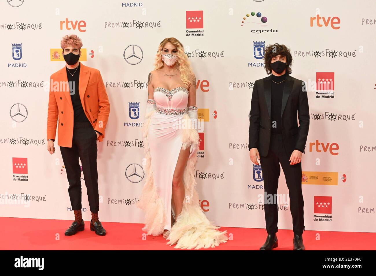 Madrid, Spain. 16th Jan, 2021. From left to rigth: Javier Calvo, Daniela Ortiz and Javier Ambrosi at photocall for the 26th annual Jose Maria Forque Awards in Madrid on Saturday, 16 January, 2021. Credit: CORDON PRESS/Alamy Live News Stock Photo