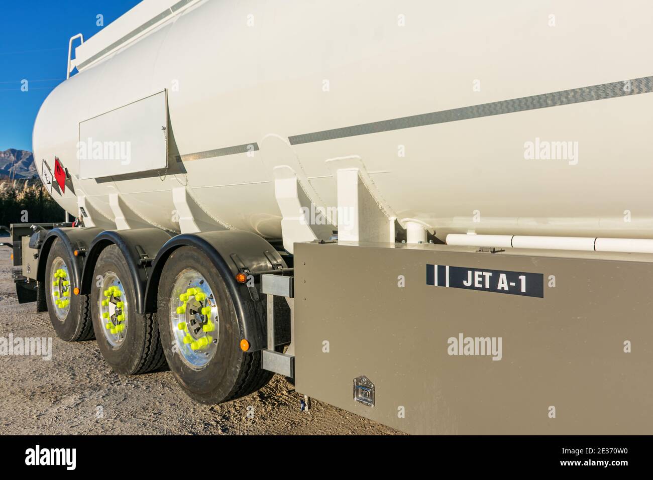 Tank truck to transport Jet A-1 aviation fuel, only and exclusively that type of fuel, for which the vehicle is marked with the name of the fuel in va Stock Photo
