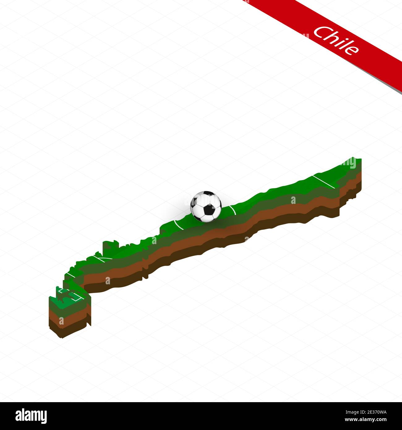 Isometric map of Chile with soccer field. Football ball in center of football pitch. Vector soccer illustration. Stock Vector