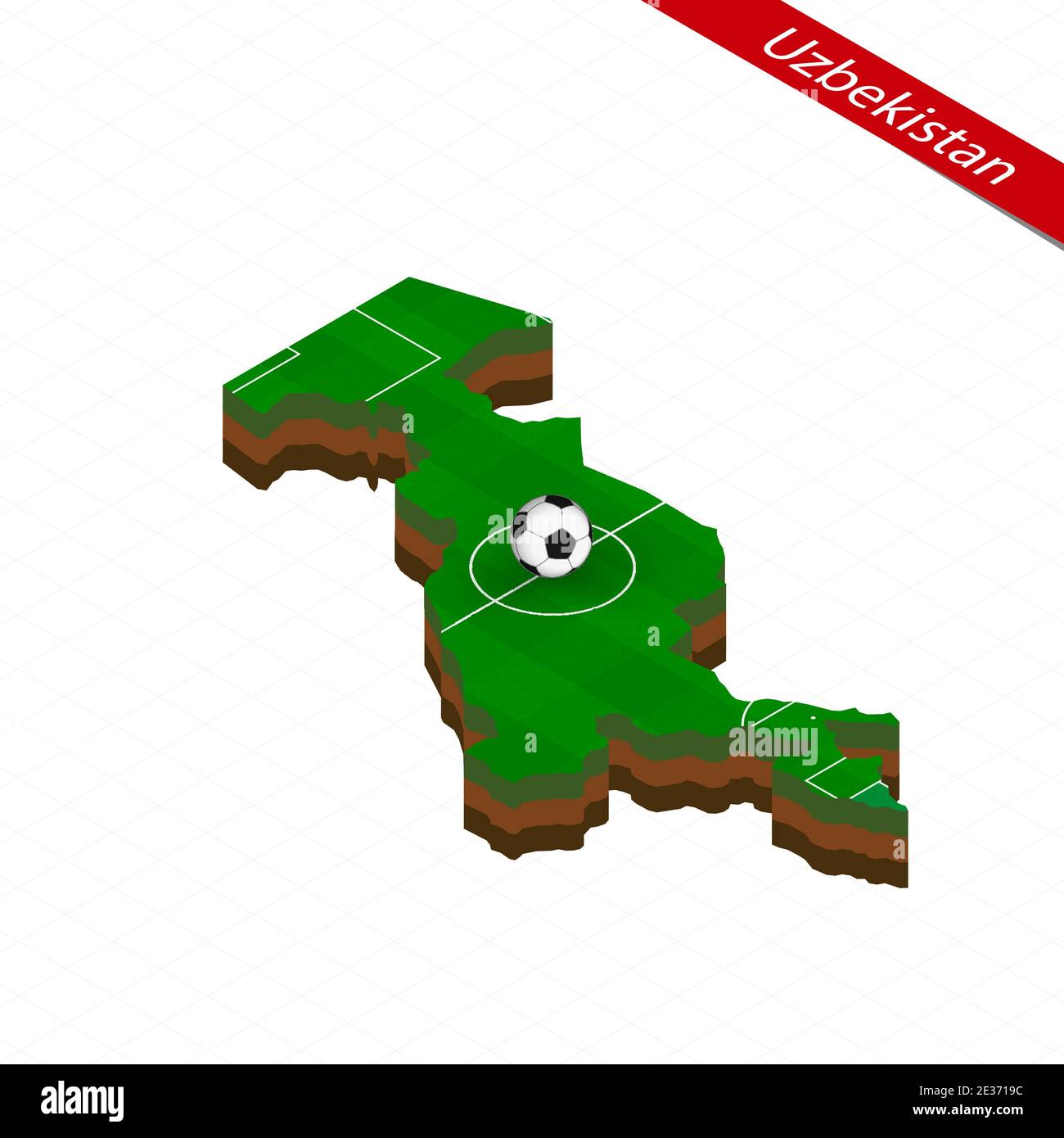 Isometric map of Uzbekistan with soccer field. Football ball in center