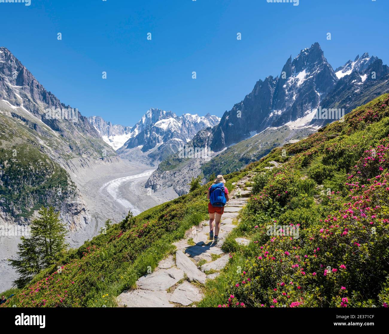 Climber On Hiking Trail Grand Balcon Nord Glacier Tongue Mer De Glace 
